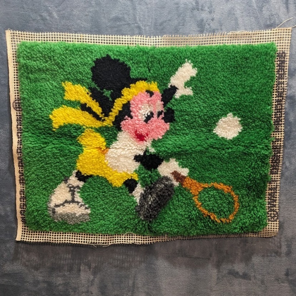 Vintage Walt Disney Mickey Mouse Tennis Latch Hook Rug Wall Hanging Complete